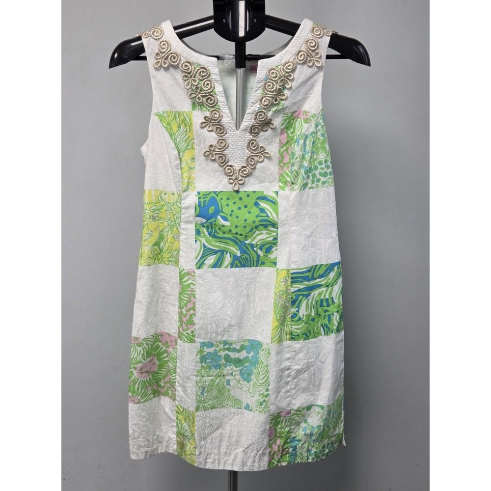 Lilly Pulitzer Women Size 4 Janice Shift Dress Resort White Lioness Patch Gold